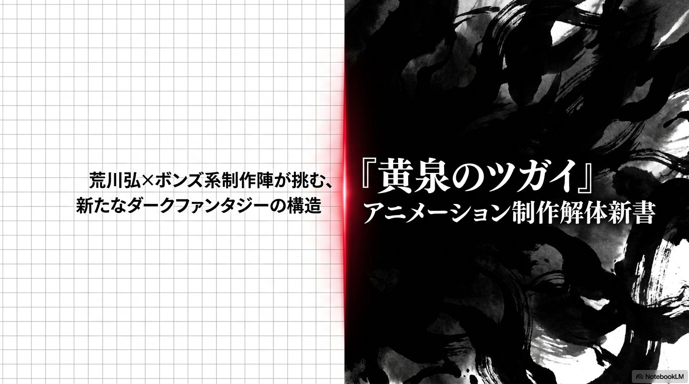 『鋼の錬金術師』の荒川弘とアニメーション制作会社ボンズが挑む新たなダークファンタジーの構造について説明したスライド