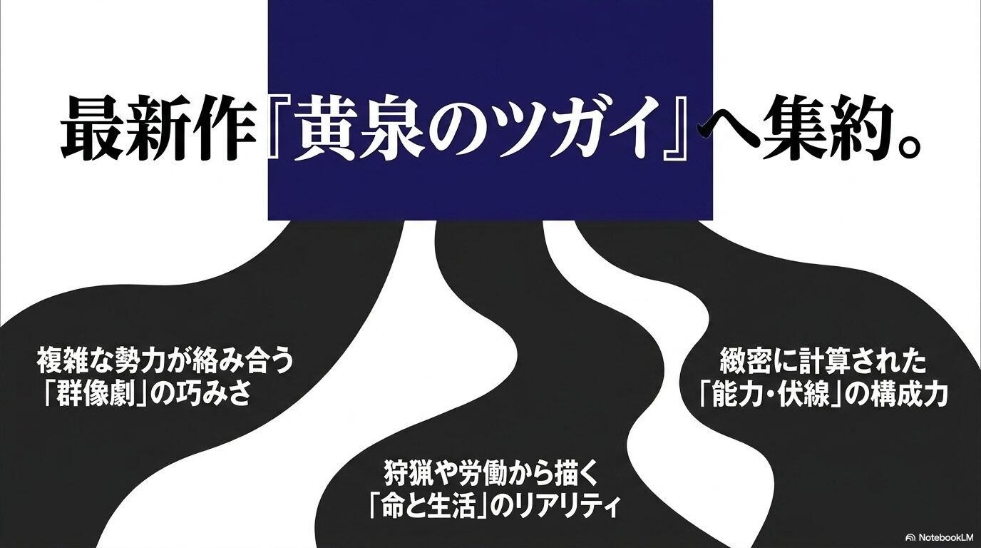群像劇の巧みさ、命と生活のリアリティ、能力や伏線の構成力など、過去作の魅力が黄泉のツガイへ集約されていることを示す図