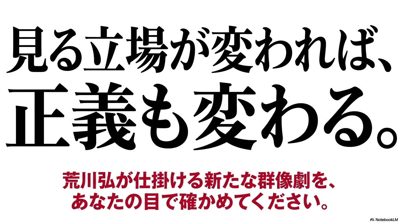 見る立場が変われば正義も変わるというメッセージと、荒川弘の新たな群像劇をアピールする図