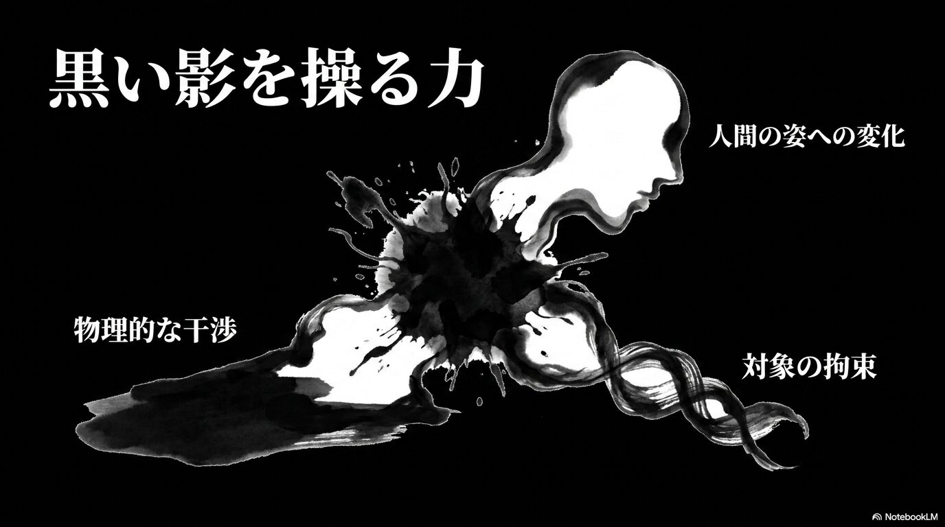 人間の姿への変化、物理的な干渉、対象の拘束を行う黒い影を操る力