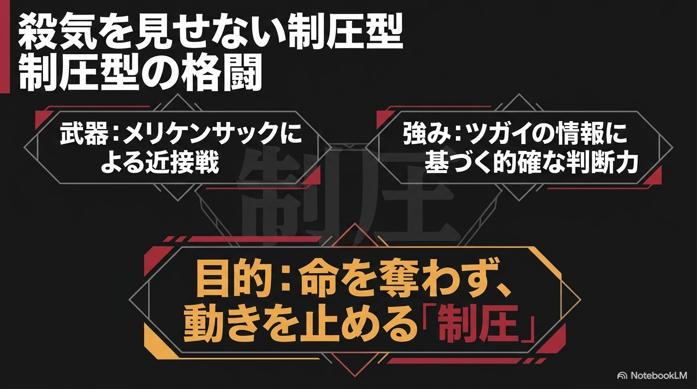 メリケンサックによる近接戦と前虎後狼の情報を組み合わせ、命を奪わず相手の動きを止める段野ハナの戦い方