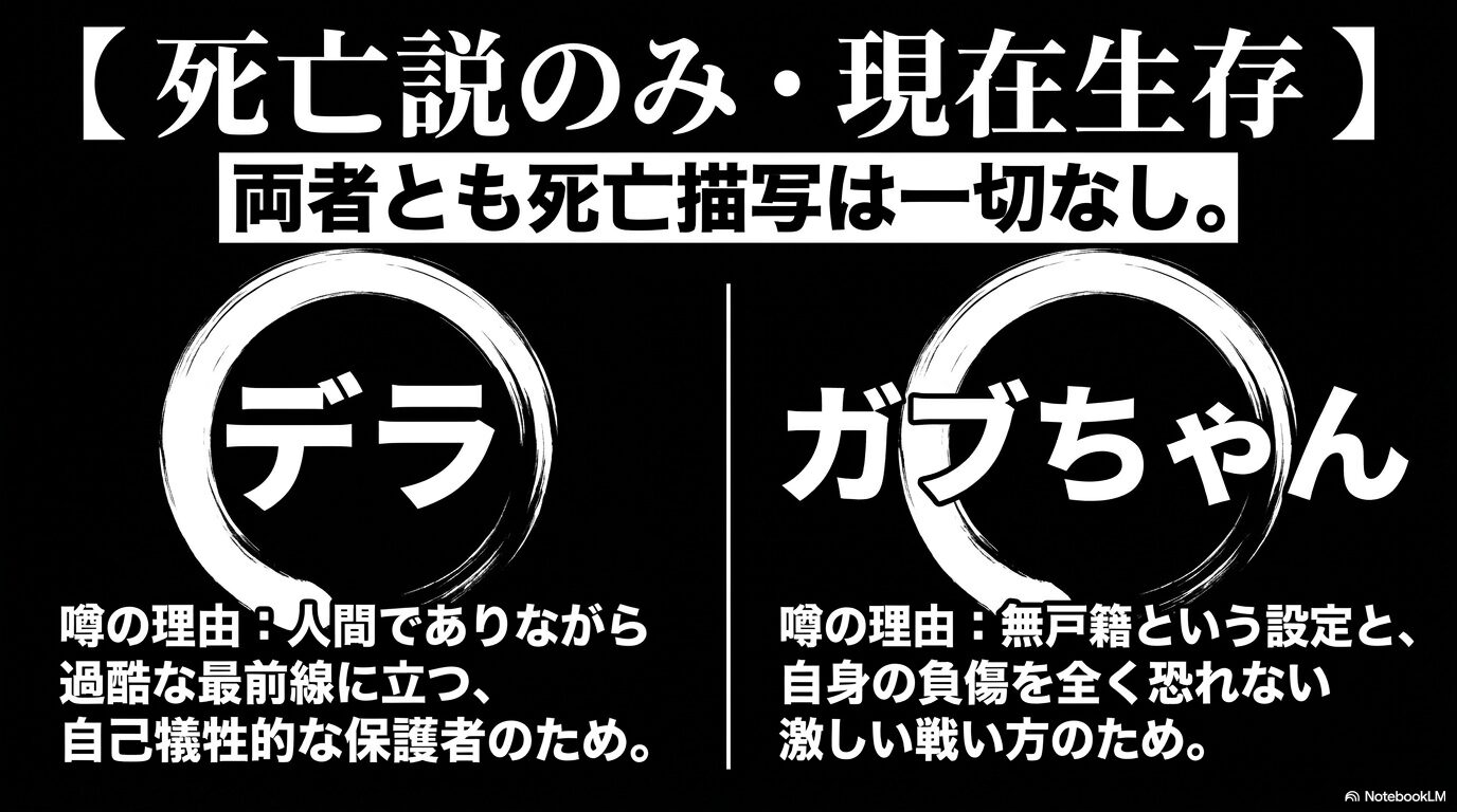 死亡描写が一切ないデラとガブちゃんに対し、それぞれの立場や戦い方から死亡説が出る理由