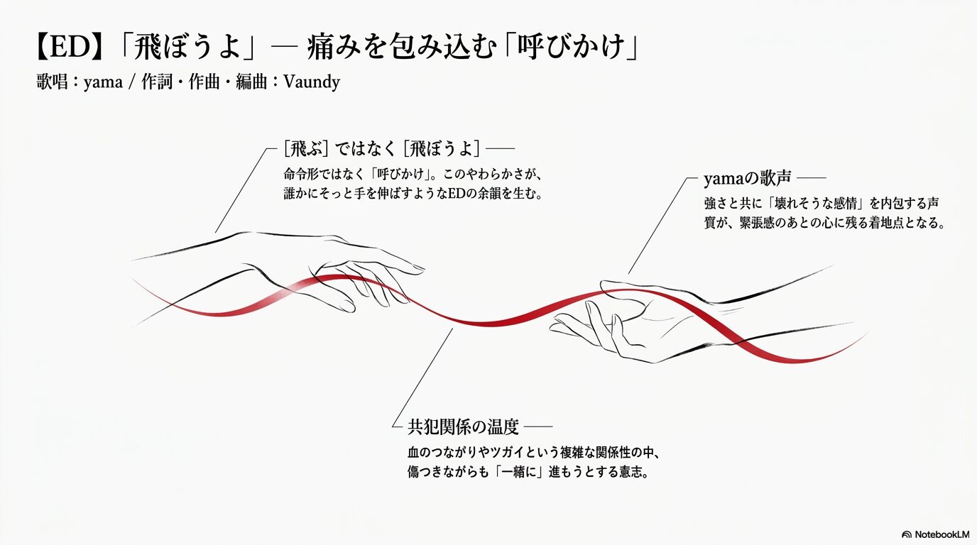赤い糸で結ばれた2つの手のイラストと、yamaが歌う第1クールED「飛ぼうよ」の痛みを包み込む呼びかけの解説