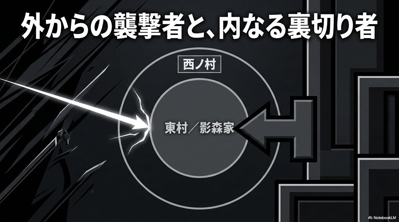 与謝野イワンは外からの襲撃者、黒谷アキオは内なる裏切り者であることを示す勢力図