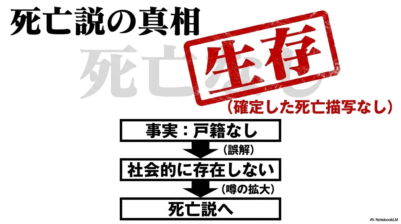 戸籍がない事実が社会的に存在しないという誤解を生み、死亡説へと拡大した流れの図