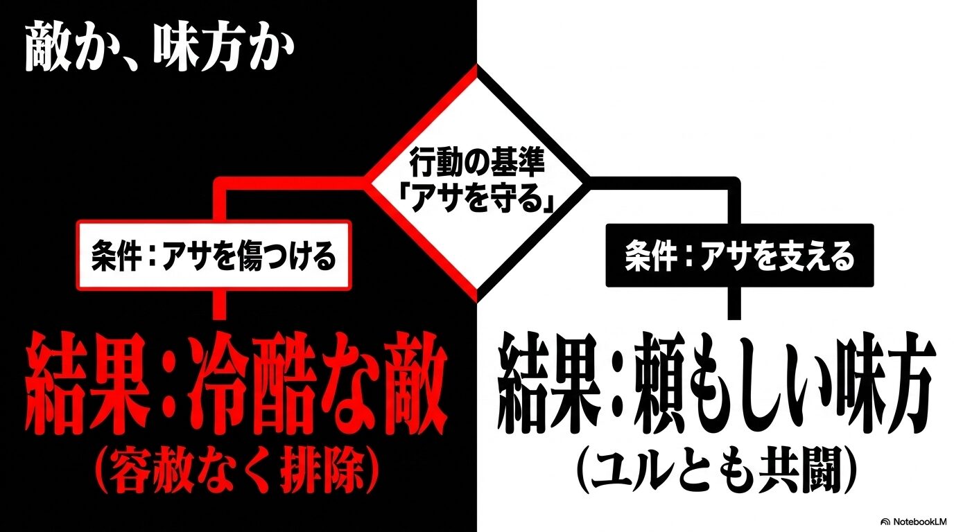 ガブちゃんの行動基準がアサを守ることであり、アサを傷つけるか支えるかで敵味方が分かれることを示す図
