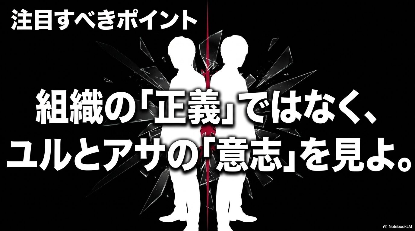 作品を読む際は、組織の正義ではなく、ユルとアサの意志に注目すべきというポイントをまとめた画像