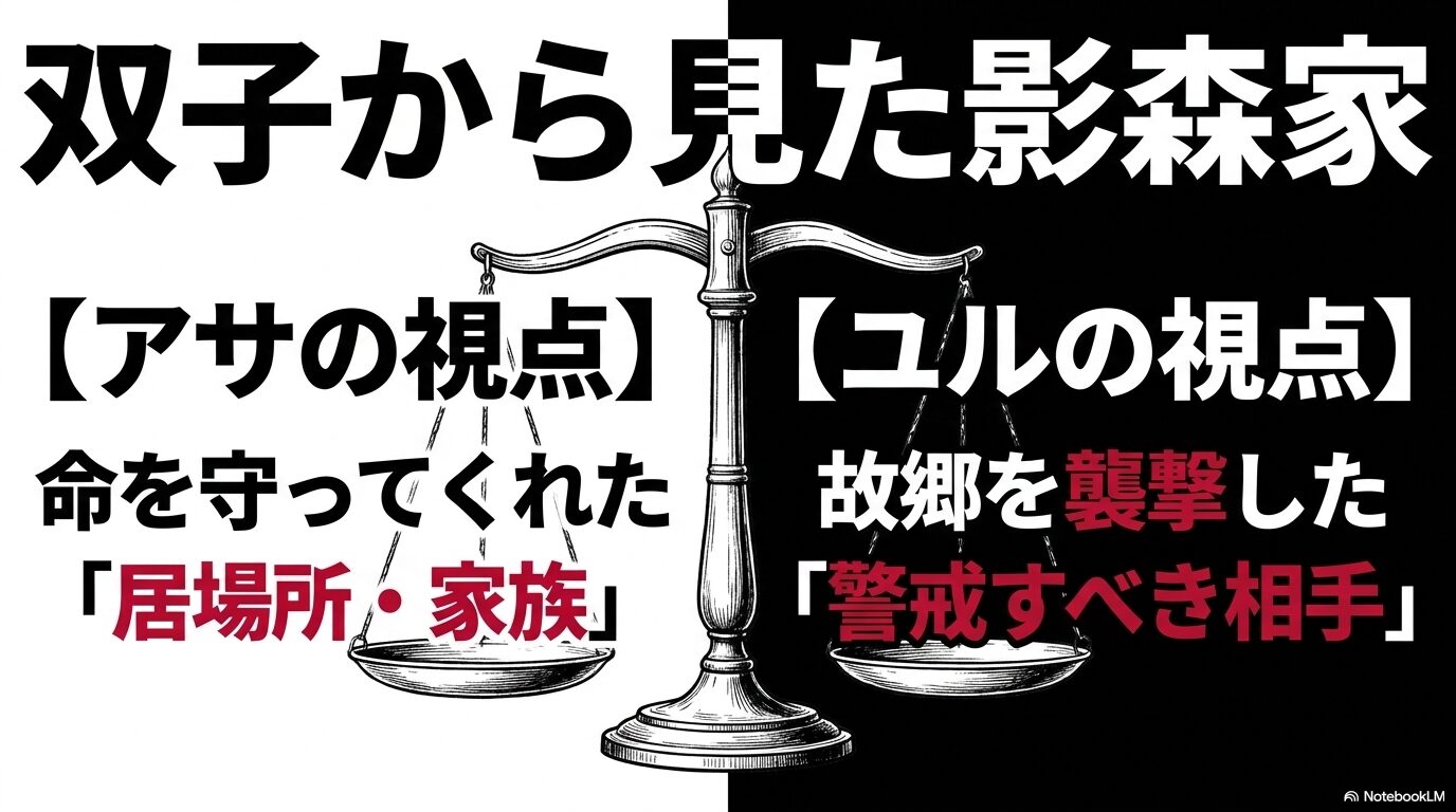 アサにとっては命を守ってくれた居場所、ユルにとっては故郷を襲撃した警戒すべき相手という、双子から見た影森家の違いを解説