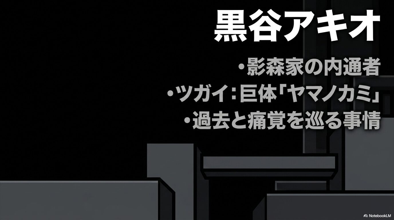 黒谷アキオが影森家の内通者であり、巨体のツガイ「ヤマノカミ」を操ることや、過去と痛覚を巡る事情を持つことをまとめ