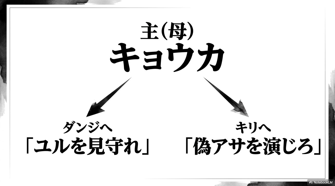 主であるキョウカからのダンジへの「ユルを見守れ」、キリへの「偽アサを演じろ」という命令