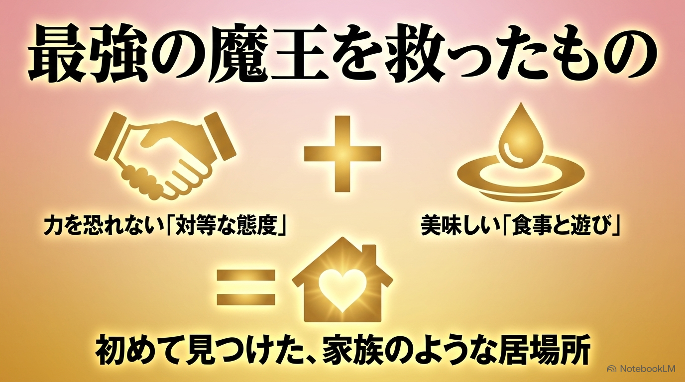 リムルの対等な態度と食事や遊びによってミリムがテンペストを家族のような居場所にしたことを示す図