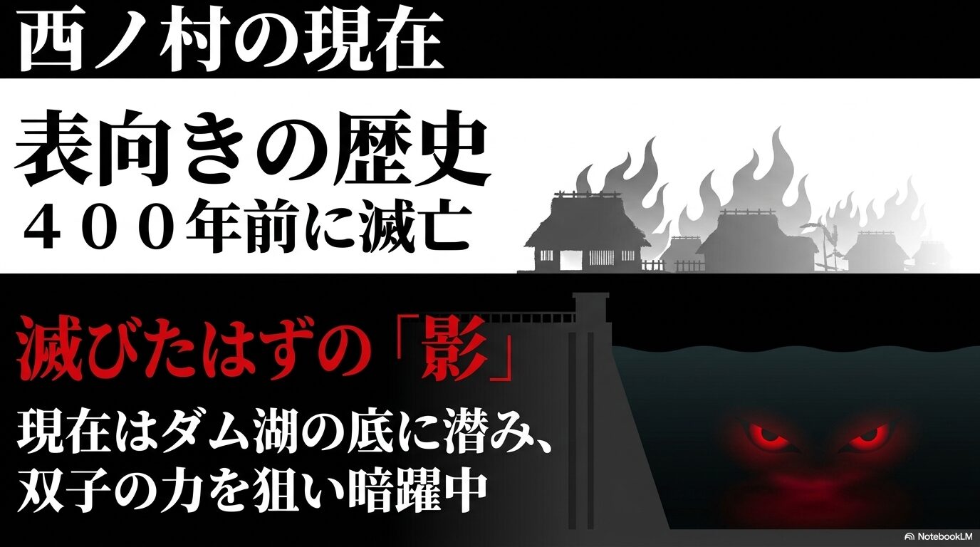 西ノ村が400年前に滅亡したという表向きの歴史と、現在はダム湖の底に潜んで双子を狙い暗躍している様子を示す