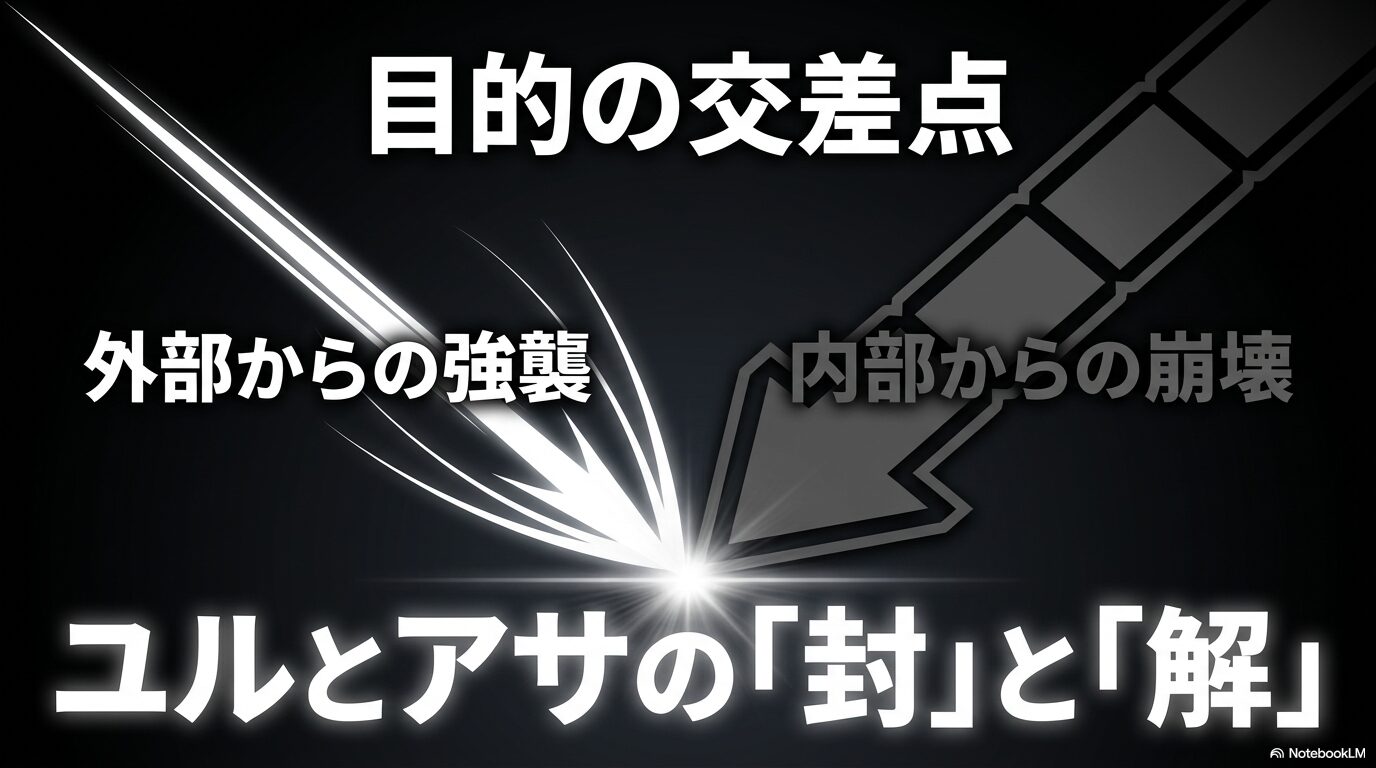外部からの強襲と内部からの崩壊が、ユルとアサの「封」と「解」を狙う目的で交差していることを示す