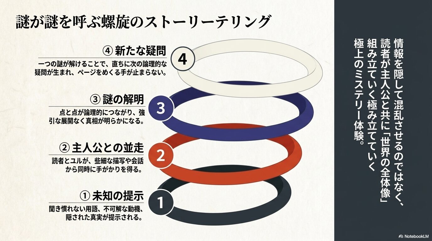 未知の提示から新たな疑問へと続く謎解きのストーリーテリング