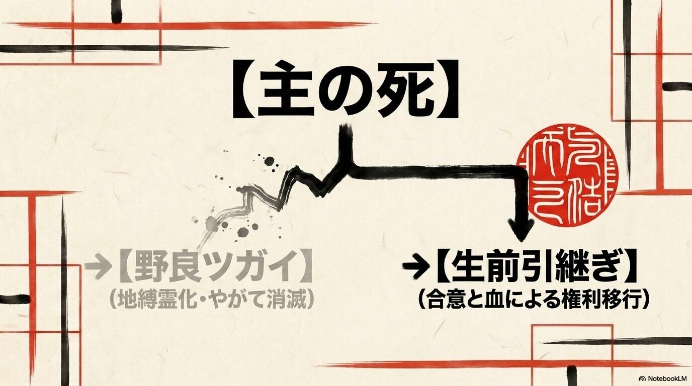 主の死によって野良ツガイになり消滅するルートと、合意と血によって権利を移行する生前引継ぎのルートを示した図解