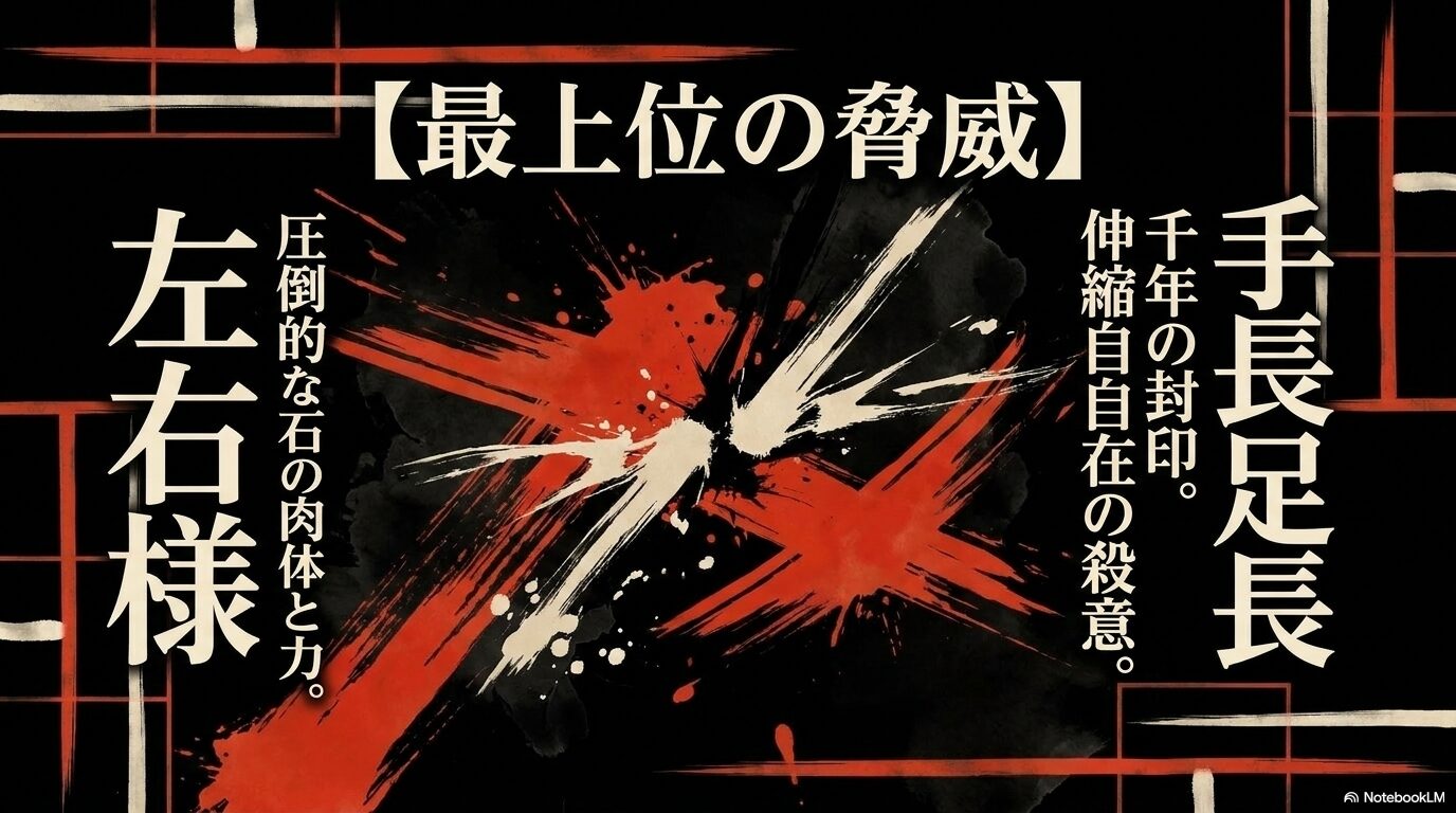 千年の封印から解かれた手長足長と、圧倒的な肉体と力を持つ左右様を最上位の脅威として紹介する画像