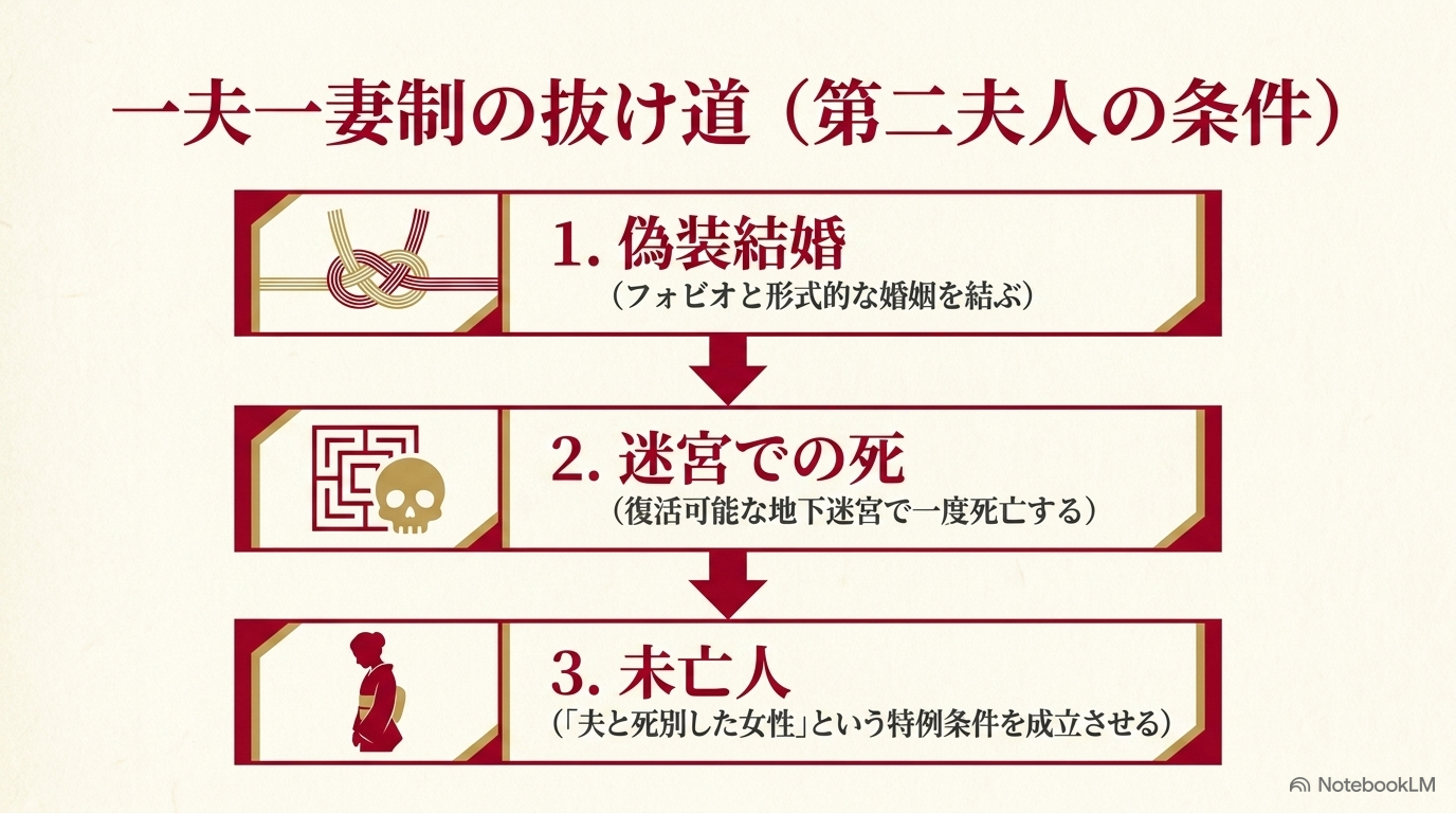 アルビスがフォビオと形式的に結婚し迷宮内で死別条件を満たして第二夫人になる流れ