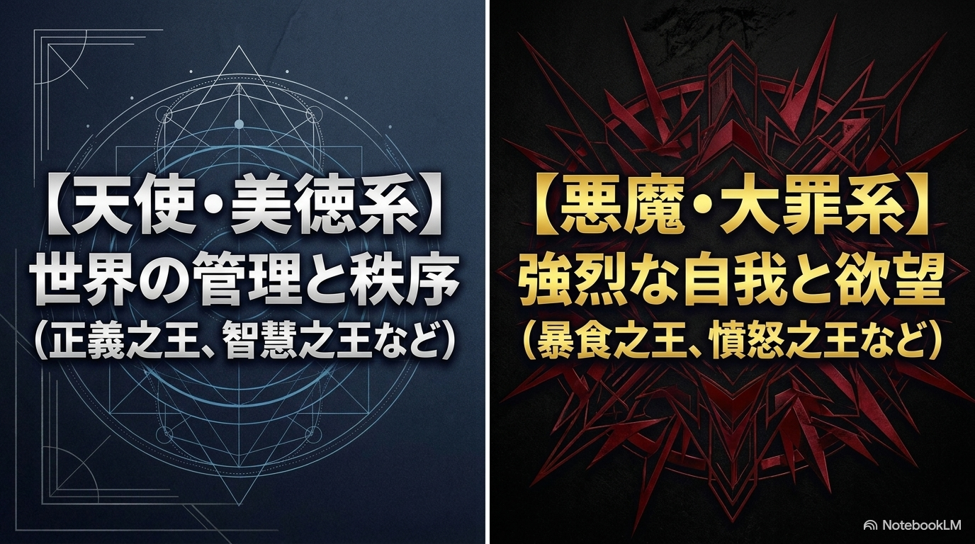 世界の管理と秩序を表す天使・美徳系と強烈な自我と欲望を表す悪魔・大罪系の比較