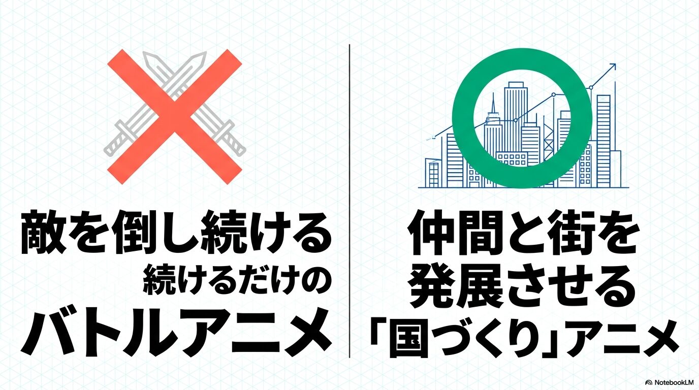 敵を倒し続けるバトルアニメと仲間や街を発展させる国づくりアニメの違い