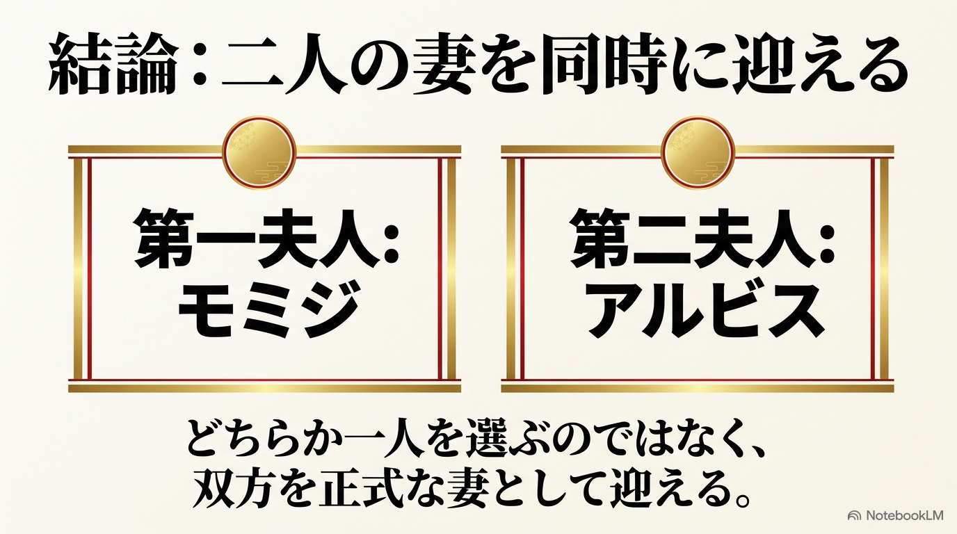 ベニマルが第一夫人モミジと第二夫人アルビスの二人を正式な妻として迎える結末