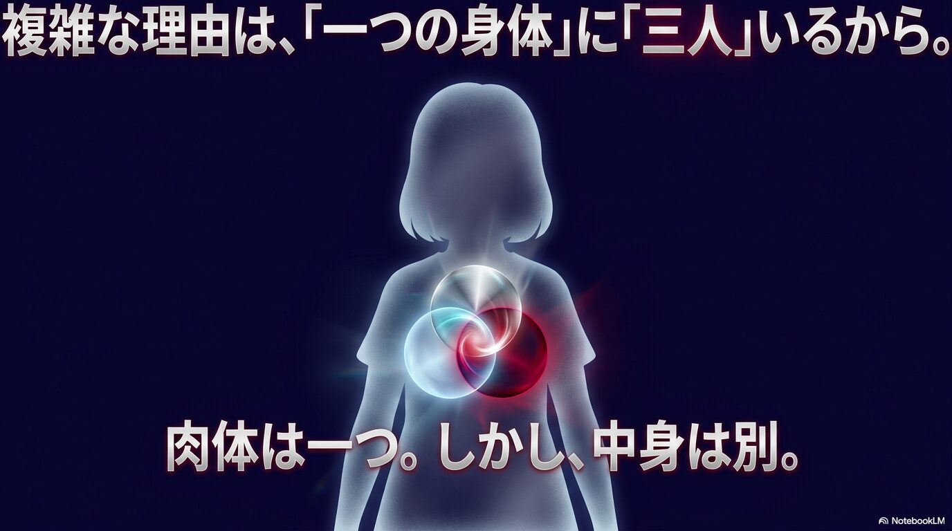 一つの肉体にクロエ・ヒナタ・クロノアの三つの意識が関わる構造図