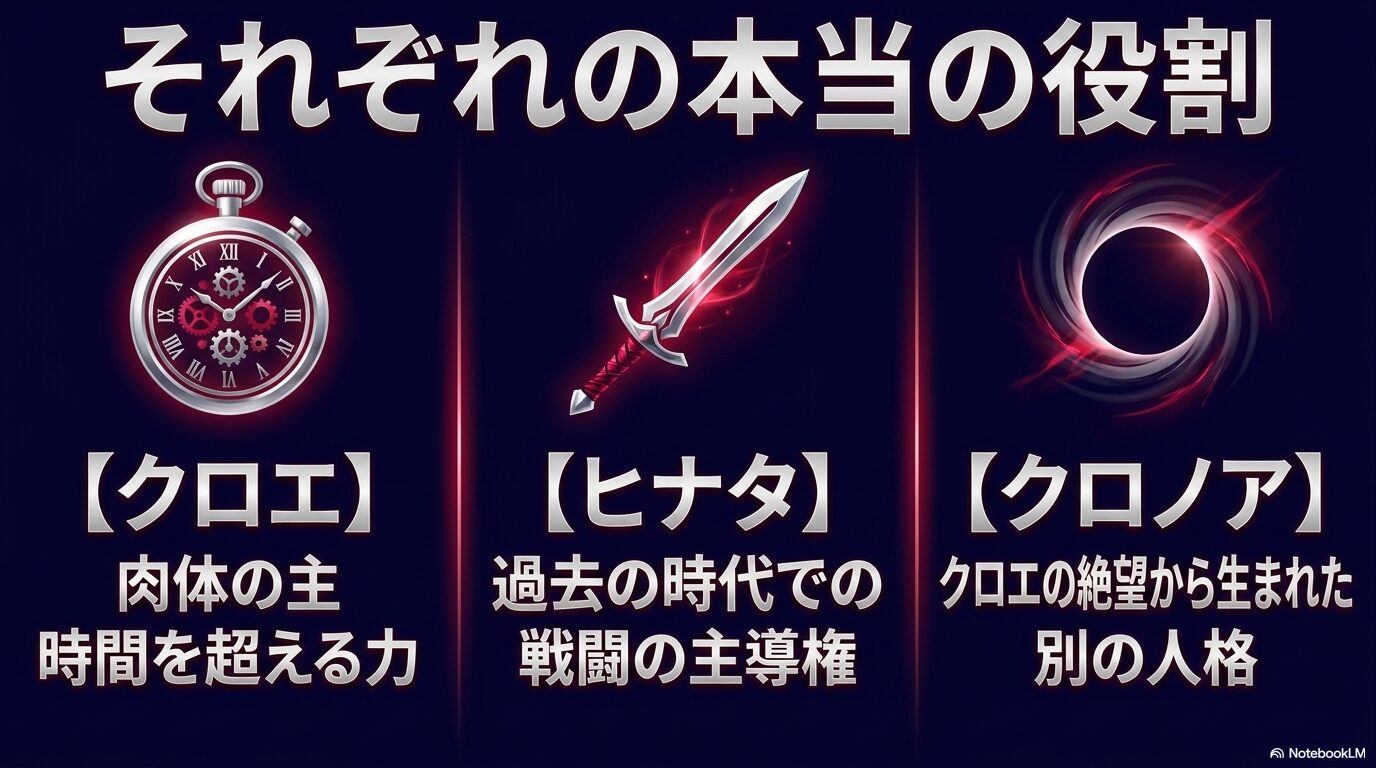 クロエは肉体と時間能力、ヒナタは戦闘の主導、クロノアは別人格という三者の役割比較