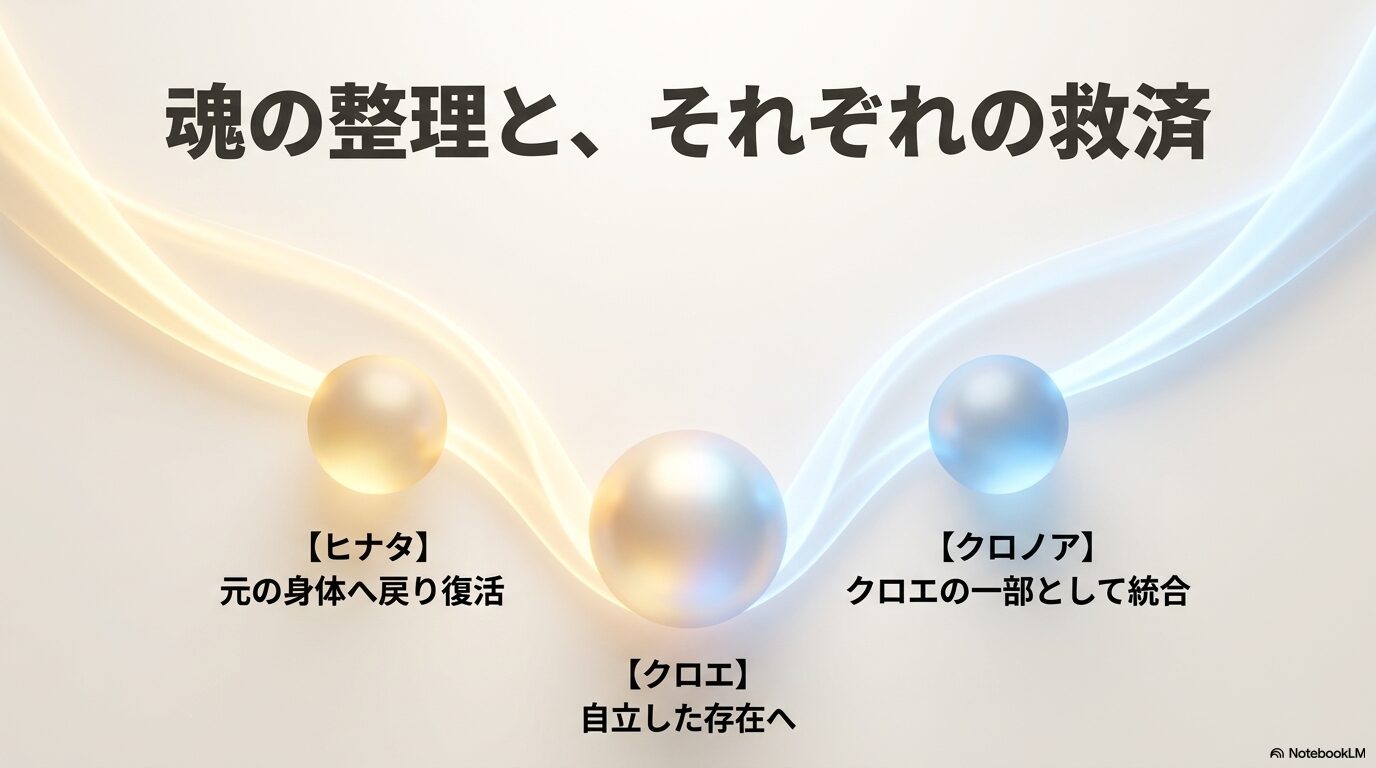 ヒナタは元の身体へ復活し、クロエは自立し、クロノアはクロエの一部として統合される結末