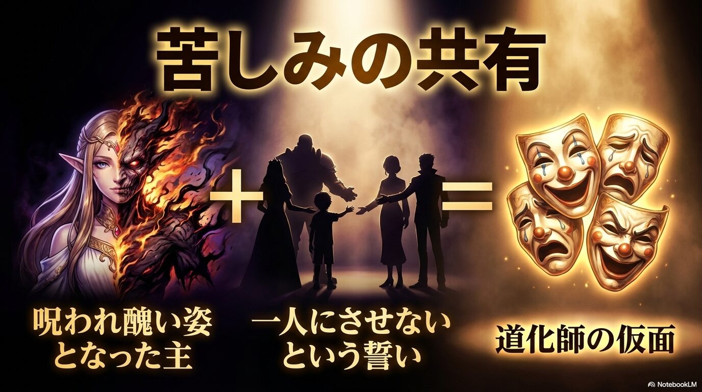 呪われた姿になったカザリームを一人にしないため、仲間たちも道化師の仮面を着けた経緯を示す図