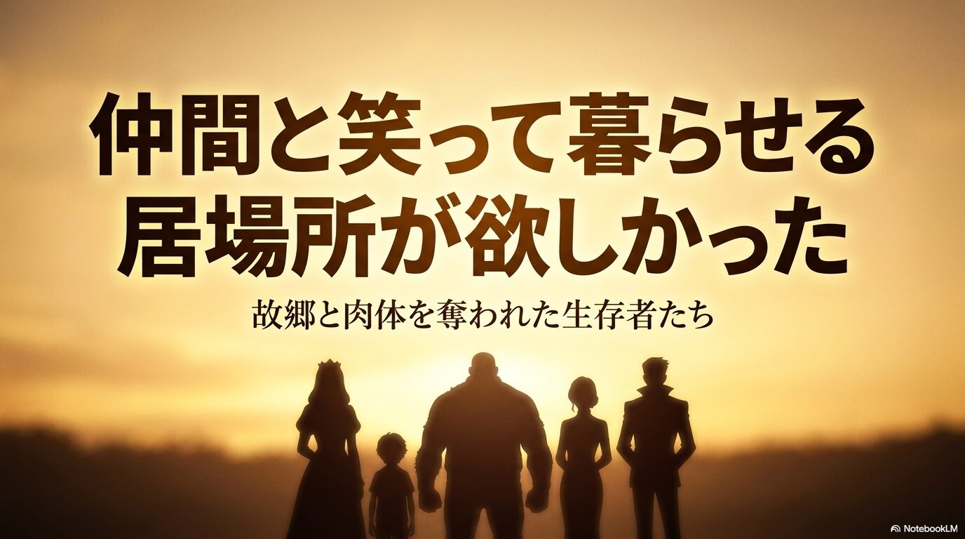 夕日の中に立つ仲間たちの姿と、中庸道化連が仲間と笑って暮らせる居場所を求めていたことを示すイメージ