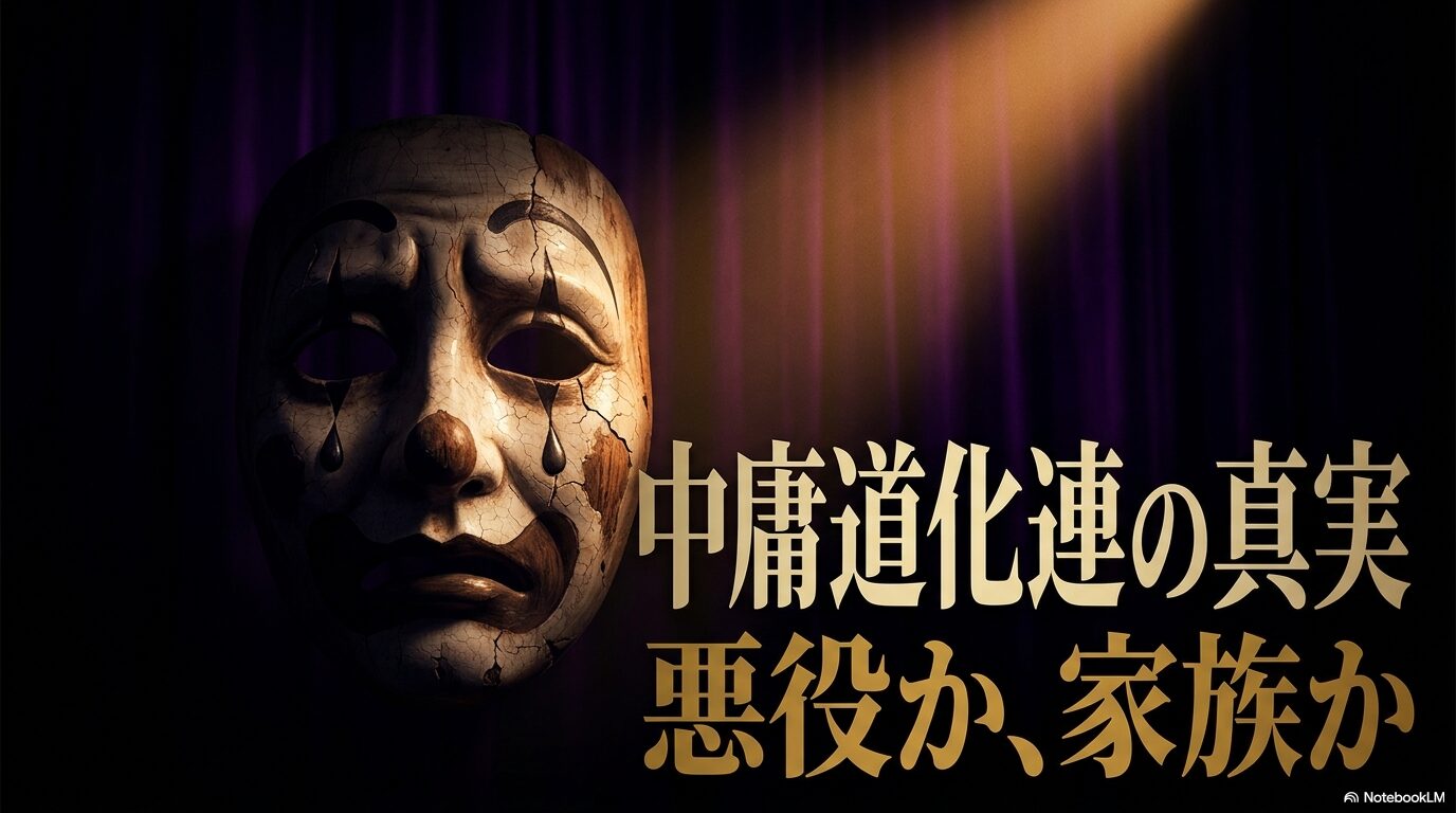 仮面を背景に、中庸道化連は単なる悪役集団なのか家族のような組織なのかを問いかけるイメージ