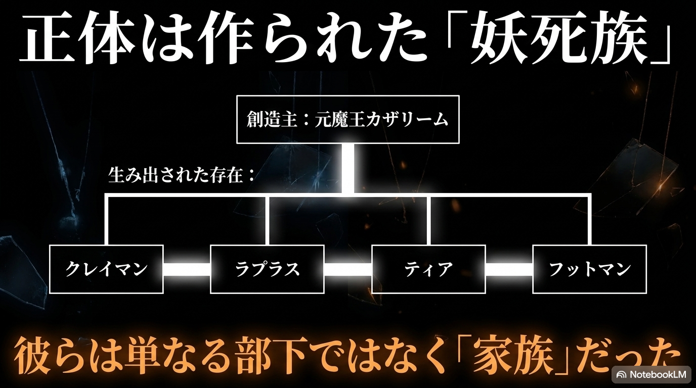 カザリームがクレイマン、ラプラス、ティア、フットマンを妖死族の家族として生み出した関係図