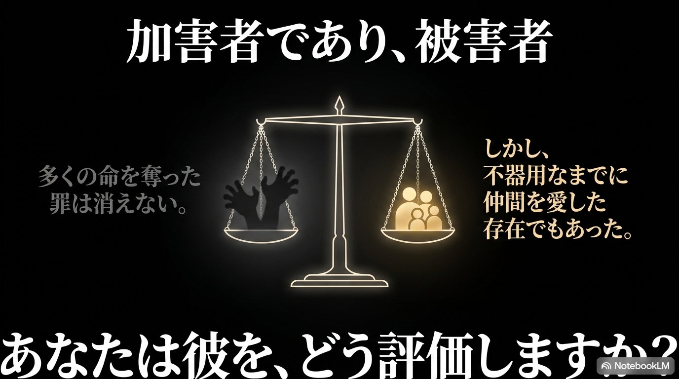 多くの命を奪った加害者でありながら精神を操られた被害者でもあるクレイマンの両面を示す図