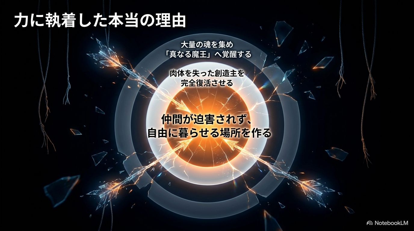 仲間の居場所、カザリームの復活、真なる魔王への覚醒というクレイマンの目的を示す図