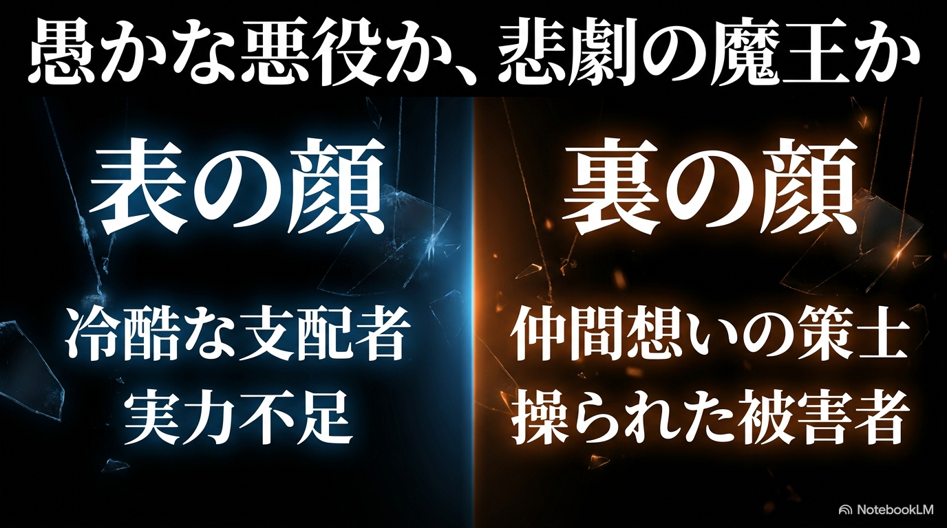 冷酷な支配者という表の顔と仲間思いの策士という裏の顔からクレイマンの二面性を示す図