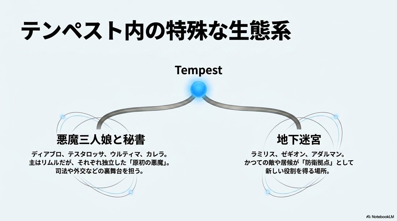 テンペスト内で悪魔三人娘とディアブロが司法や外交を担い、ラミリスやゼギオンたちが地下迷宮を守る関係図
