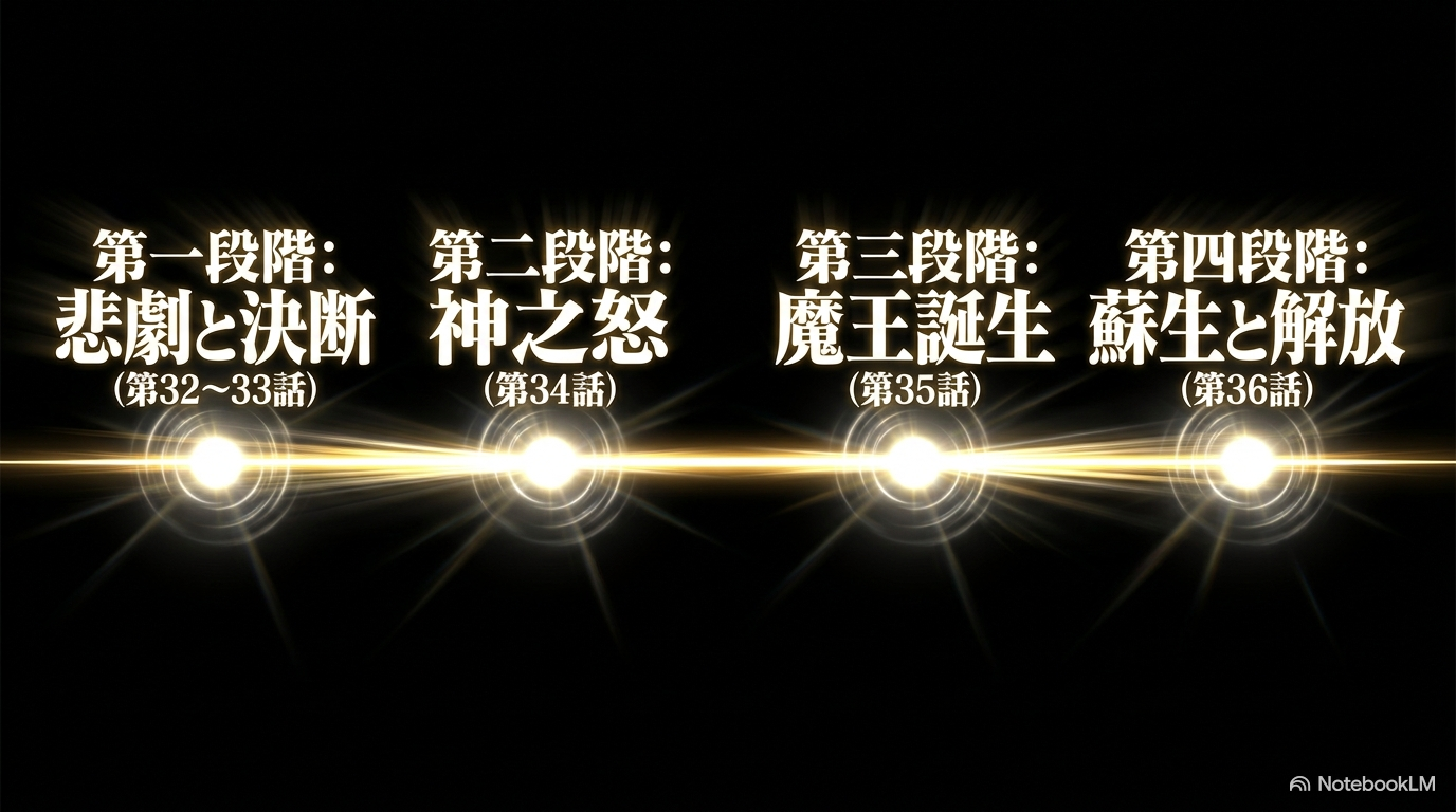 第32話から第36話までの悲劇、神之怒、魔王誕生、蘇生と解放を4段階で示した図