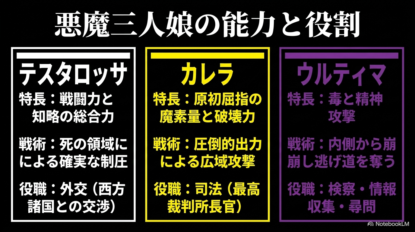 テスタロッサの総合力、カレラの破壊力、ウルティマの毒攻撃とテンペストでの役職を比較