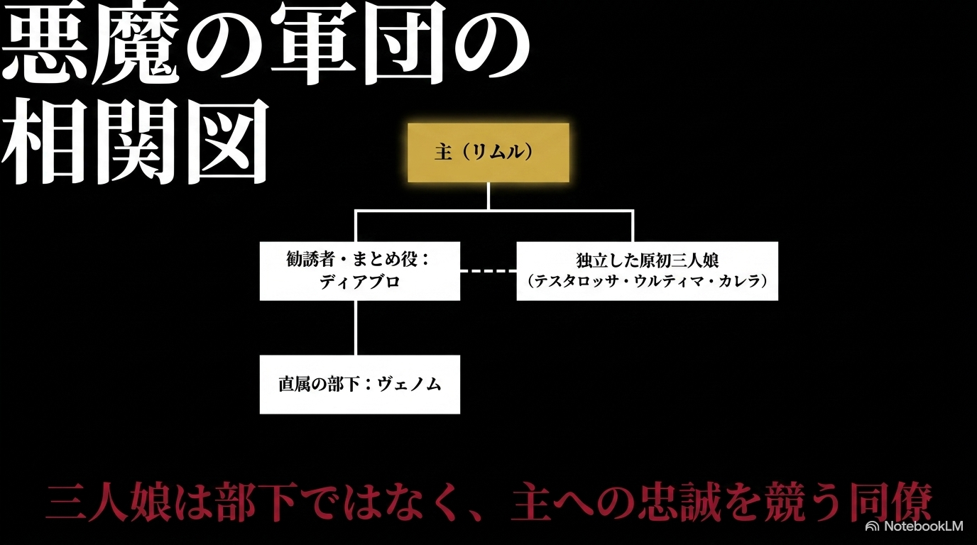 リムルを頂点にディアブロ・原初三人娘・ヴェノムの関係を示すブラックナンバーズ相関図