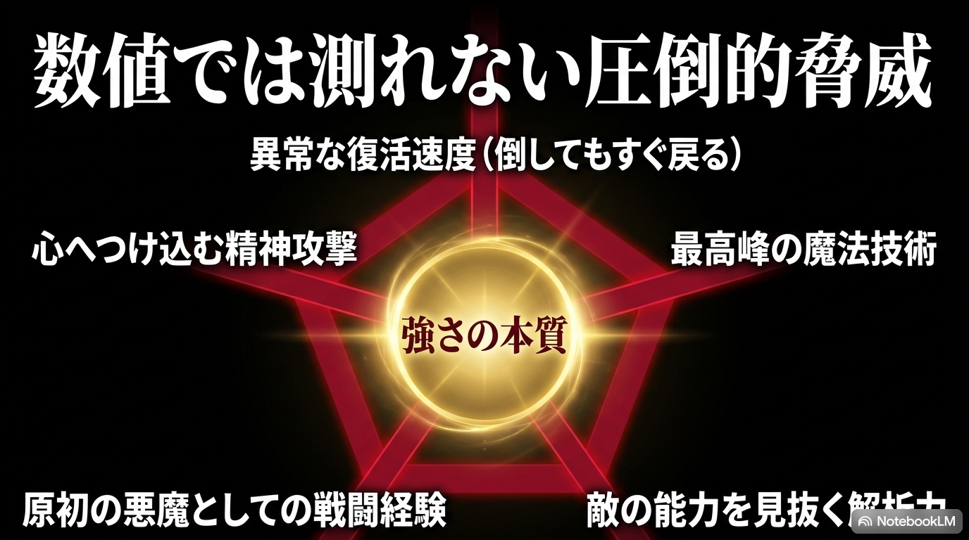 復活速度・精神攻撃・魔法技術・戦闘経験・解析力からディアブロの強さを示す図