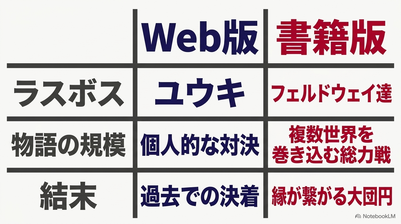 転スラWeb版と書籍版におけるラスボス、物語の規模、結末の違いを比較した表