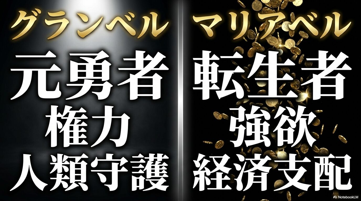 元勇者として人類守護を目指すグランベルと強欲者で経済支配を狙うマリアベルの比較