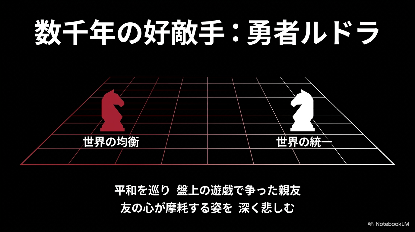 世界の均衡を目指すギィと世界の統一を目指す勇者ルドラが、数千年にわたって争ったゲームの目的を示した図