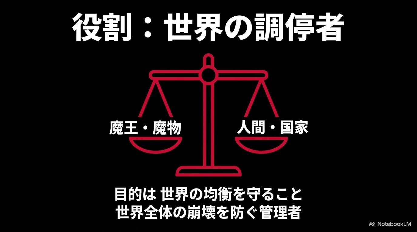 魔王や魔物と人間や国家の力を天秤で均衡させ、世界全体の崩壊を防ぐギィ・クリムゾンの調停者としての役割