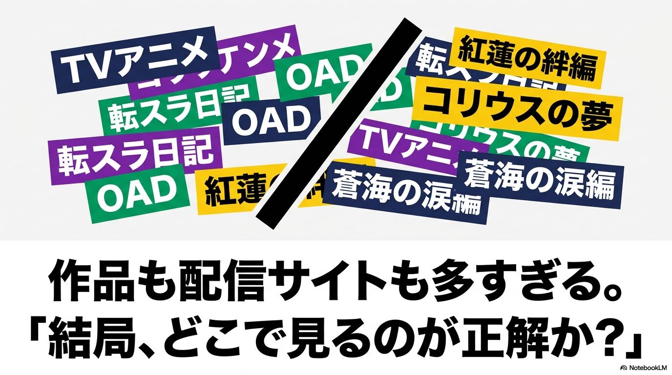 転スラのTVアニメ、転スラ日記、OAD、紅蓮の絆編、コリウスの夢、蒼海の涙編など作品と配信先が多いことを示す図