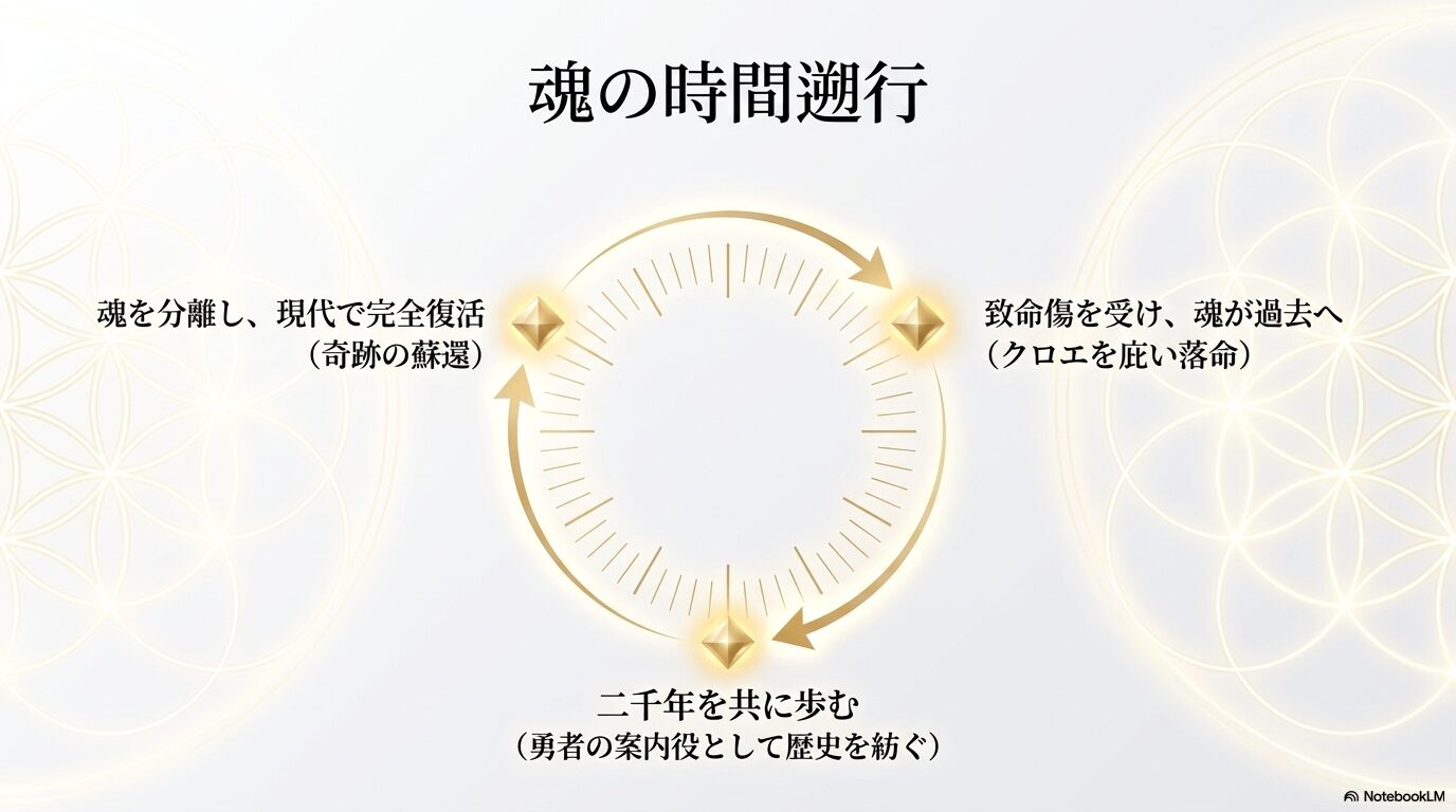 ヒナタの魂がクロエと約2000年前へ遡り、現代で肉体へ戻って復活する流れ