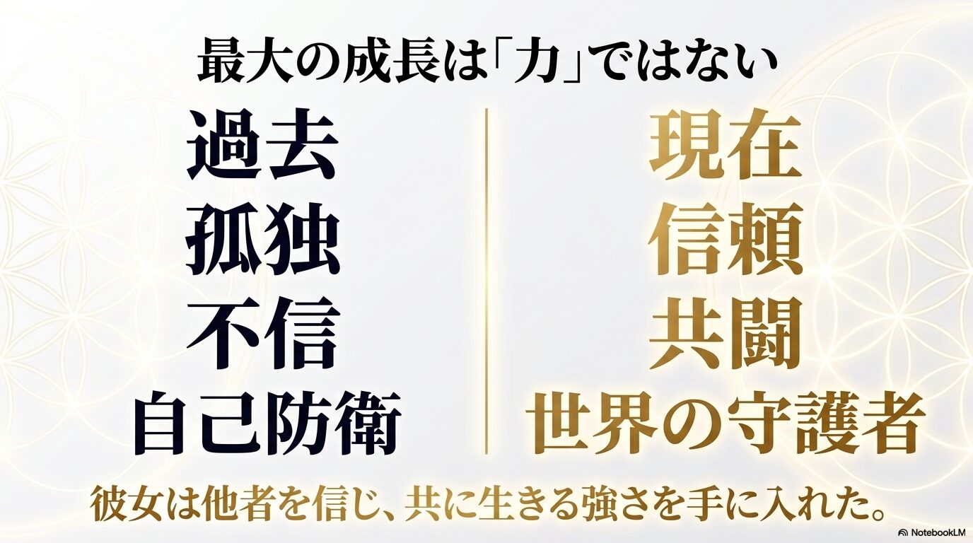 孤独と不信に苦しんだ過去から、仲間を信頼して共闘する世界の守護者へ成長したヒナタの比較図