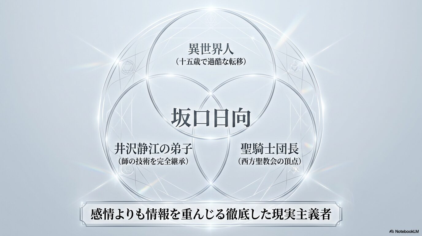 坂口日向の正体を日本出身の異世界人、シズの弟子、聖騎士団長の三要素で整理した図