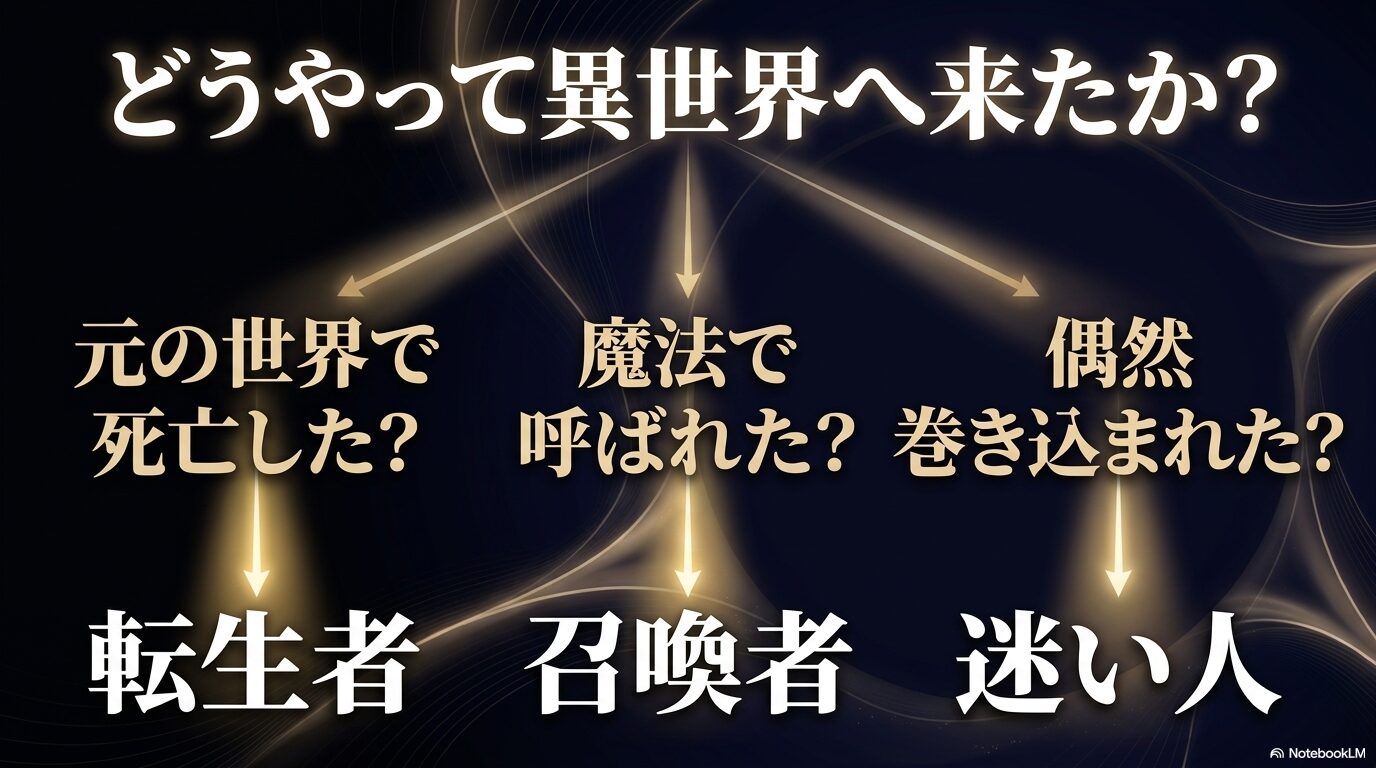 転スラ世界への来訪方法を転生者・召喚者・迷い人に分けたフロー図