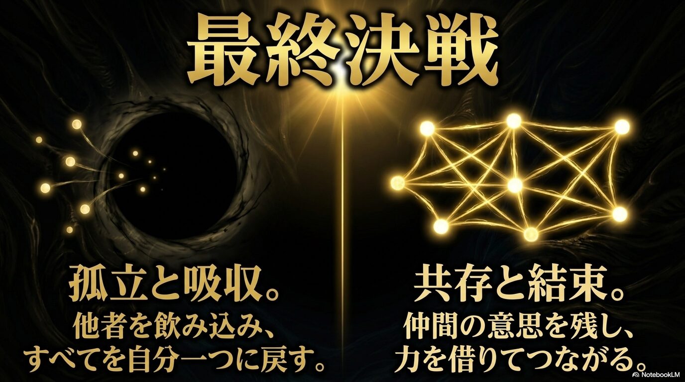 他者を吸収して一つへ戻ろうとするイヴァラージェと、仲間の意思と力をつなぐリムルを対比した最終決戦の図