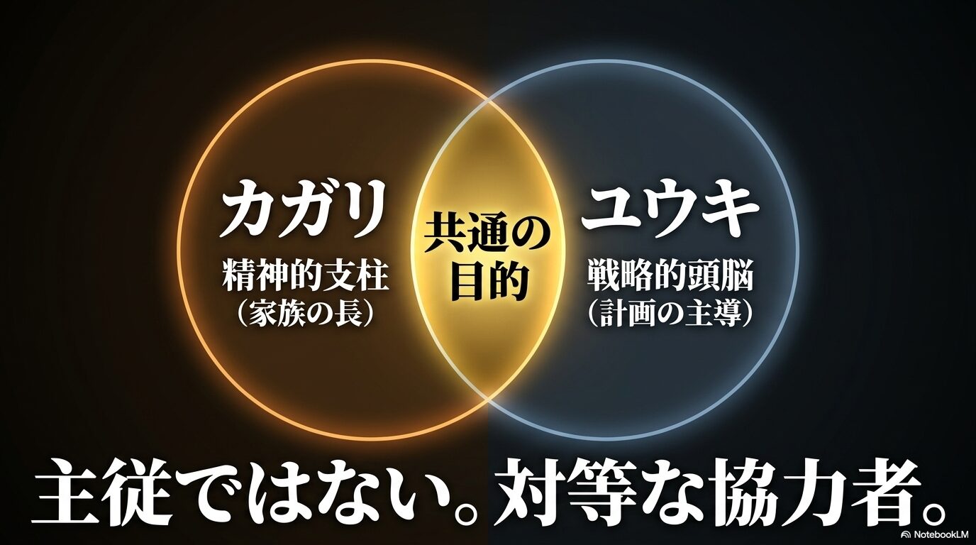 カガリを家族の長である精神的支柱、ユウキを計画を主導する戦略的頭脳として示した関係図